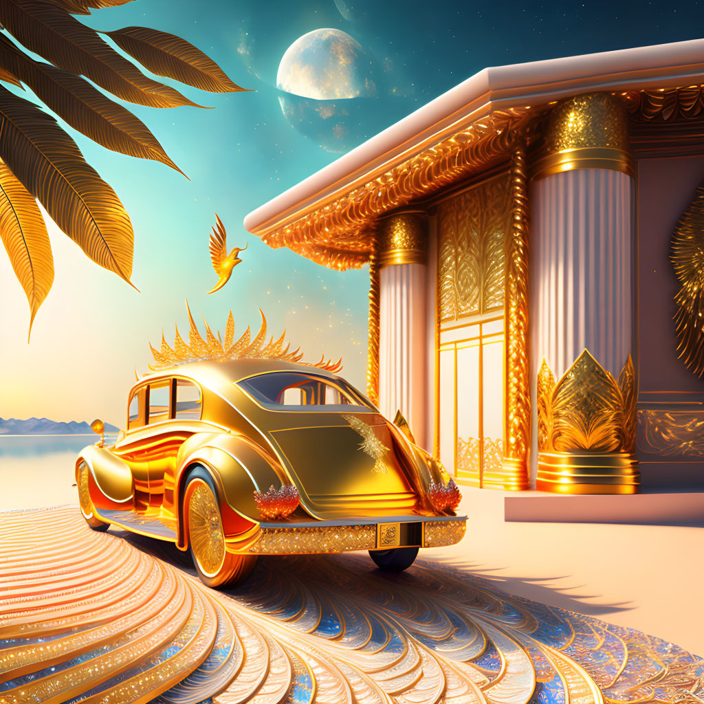 Vintage golden car parked near luxurious building with ornate columns under moonlit sky, palm leaves, and