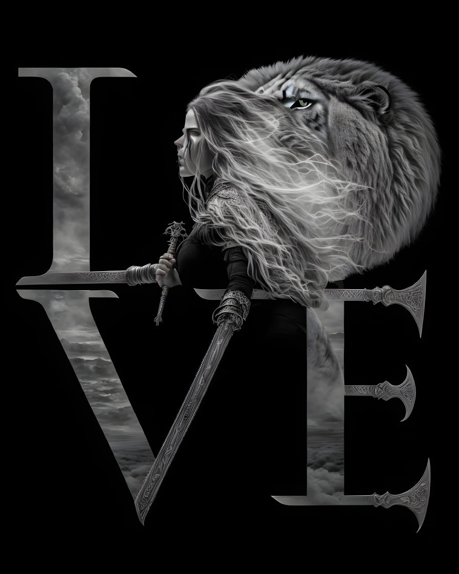 Lion and warrior woman blend in "LOVE" against dark backdrop