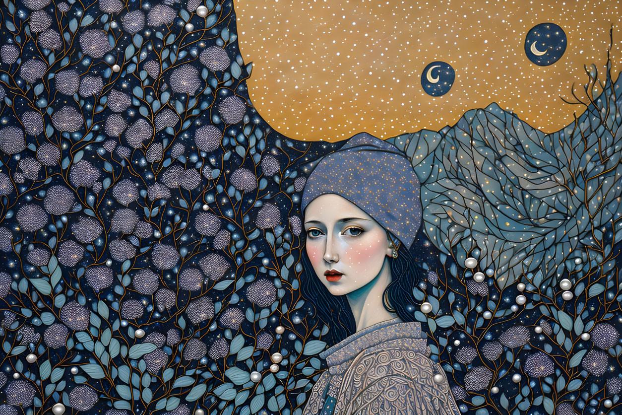 Serene woman with starry headdress in mystical, leafy night scene