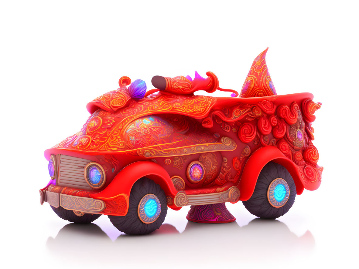 Colorful Fantasy Car with Elaborate Red and Orange Designs