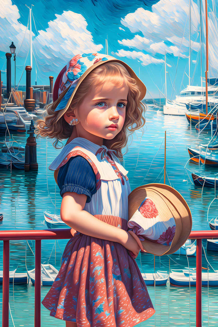 Young girl in vintage dress and hat at marina with sailboats and blue skies