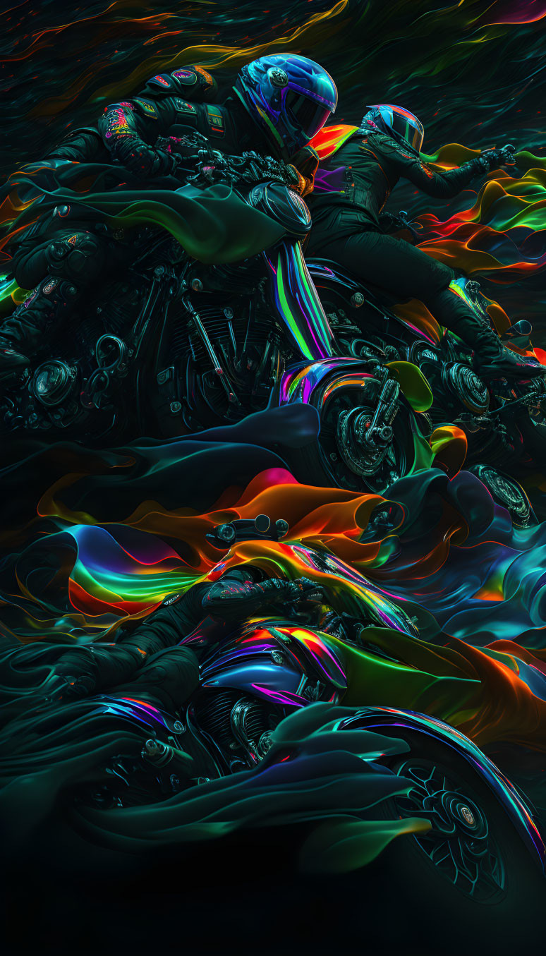 Colorful digital artwork: Biker merged with motorcycle in iridescent, psychedelic scene