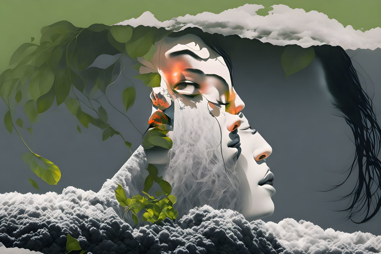 Surreal woman's face with nature elements: leaves, fire, clouds