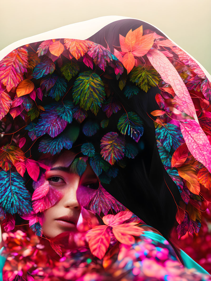 Woman looking through vibrant multicolored leaves under canopy