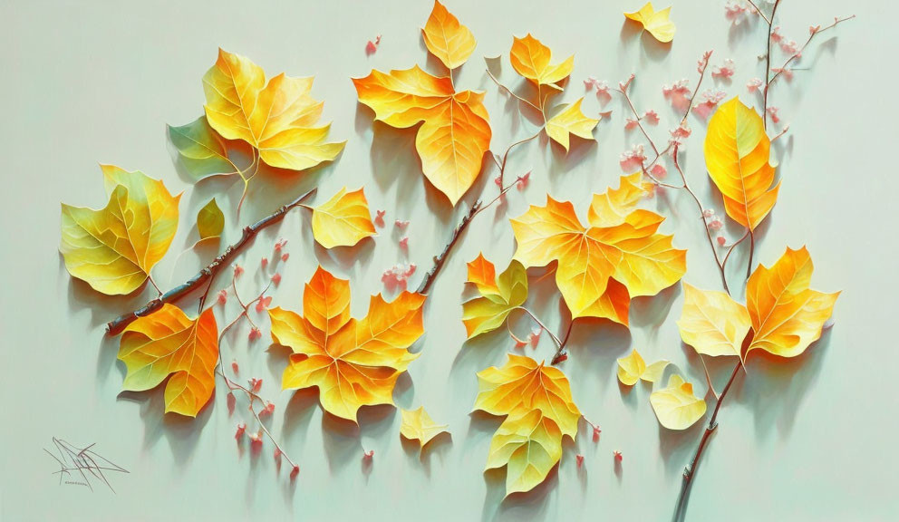Colorful autumn foliage painting with pink buds on light green backdrop