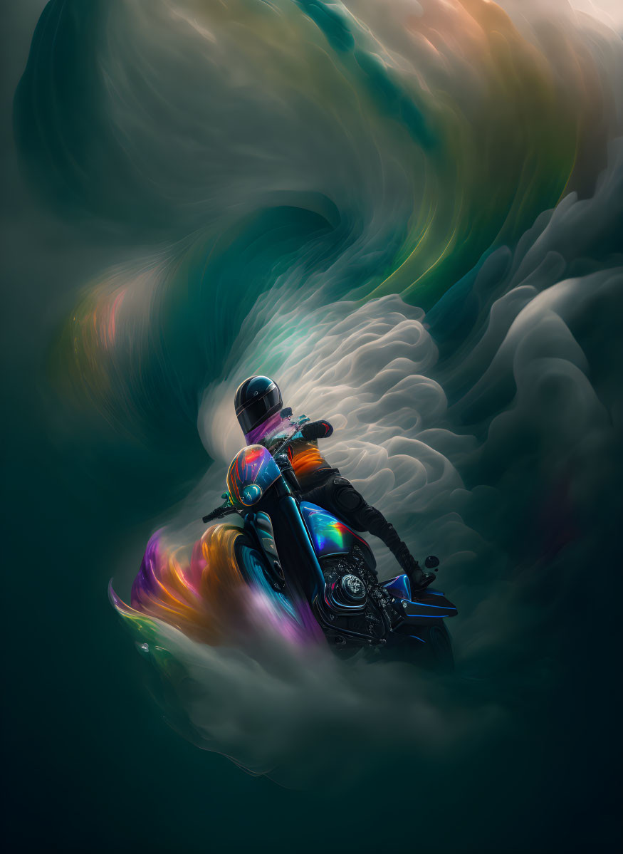 Motorcyclist in vibrant reflective suit rides through iridescent clouds