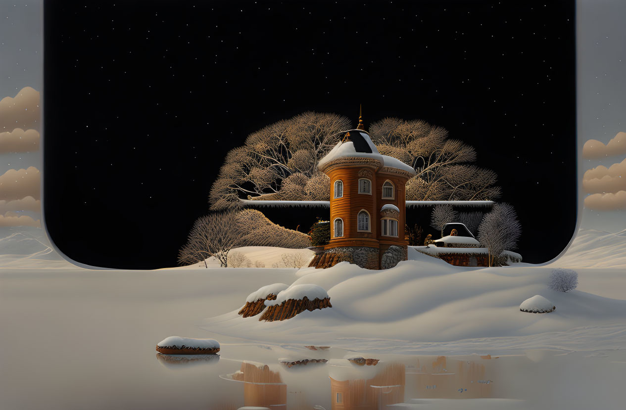 Snow-covered trees and round building in serene winter night scene