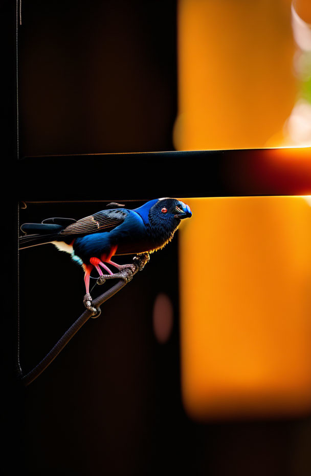 Blue bird perched on metal loop against blurred orange background with dark silhouettes.