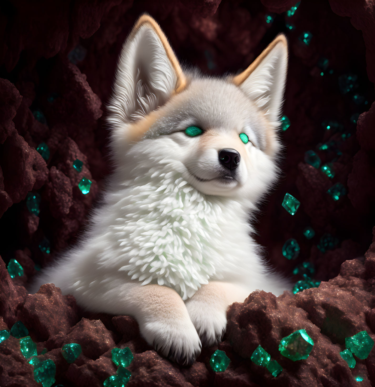 Fluffy white fox with teal eyes in emerald crystal landscape