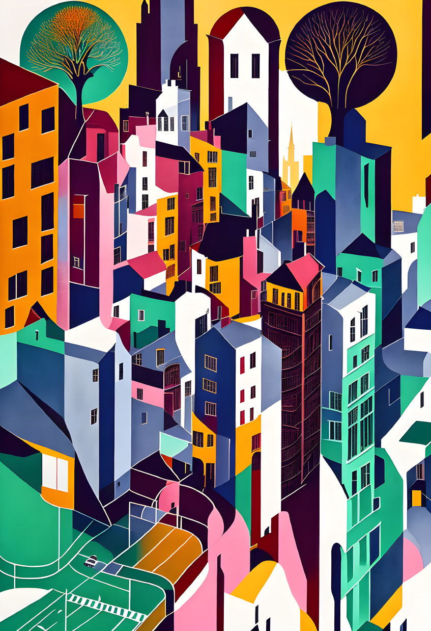 Vibrant geometric cityscape with buildings, trees, and basketball court.