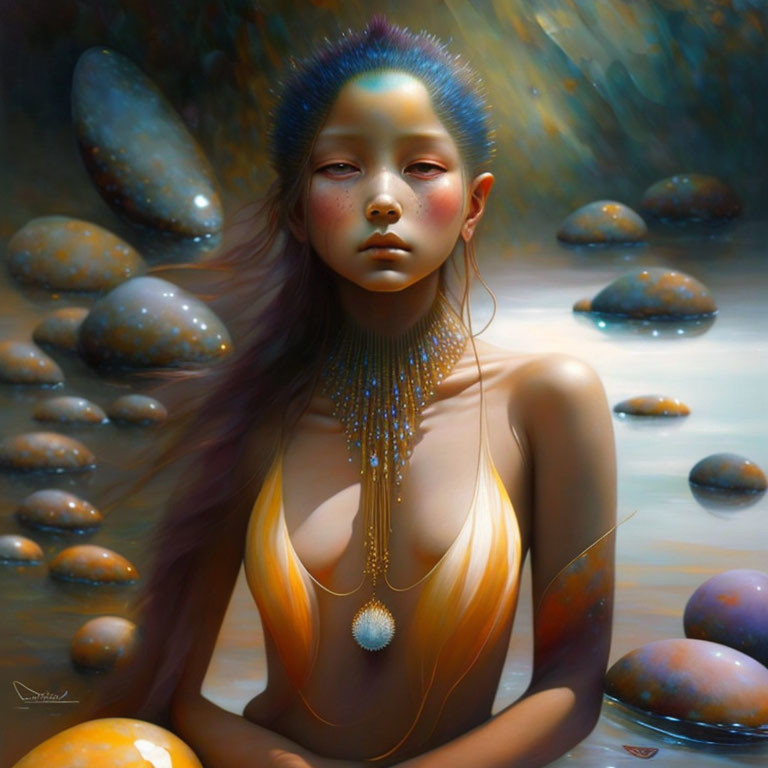 Blue-haired woman with gold skin and mystical amulet by tranquil stream