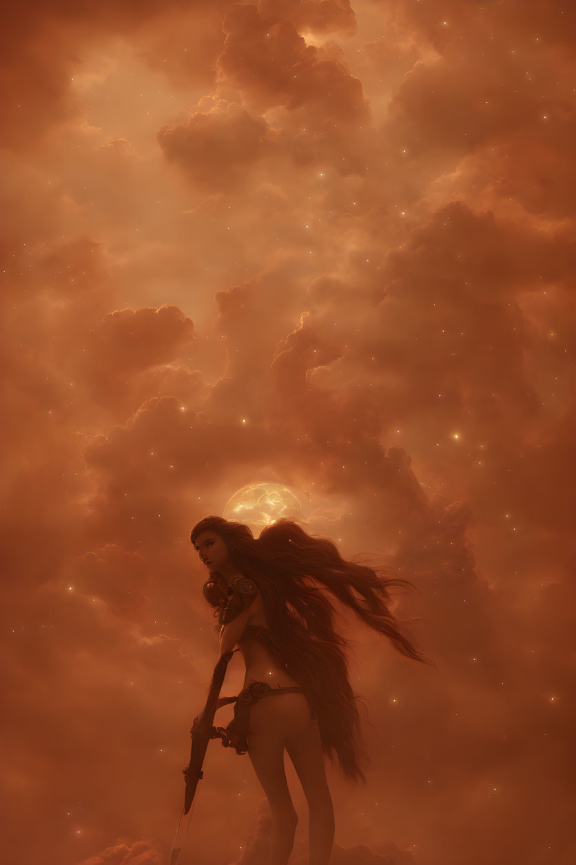 Silhouette of woman with flowing hair against red sky and stars