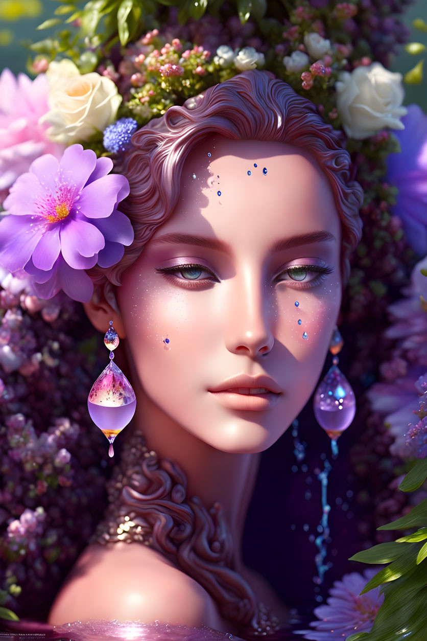 Vibrant digital portrait with floral elements and jewelry