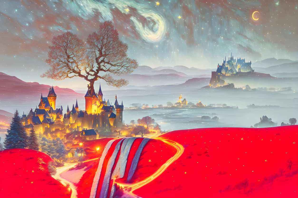 Vibrant magical landscape with red carpet to castle under starry sky