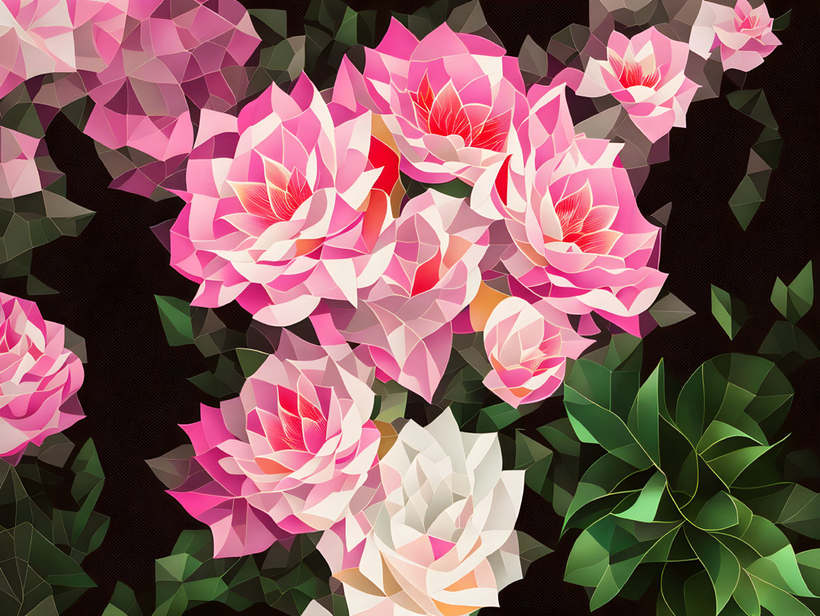 Stylized polygonal pink and white roses on dark background