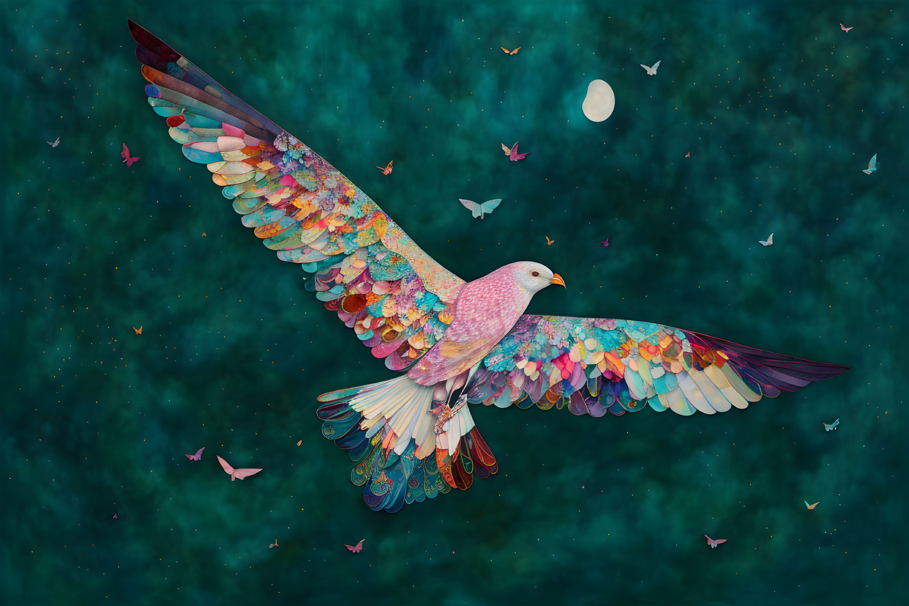 Colorful Stylized Bird Soaring Over Starry Teal Background