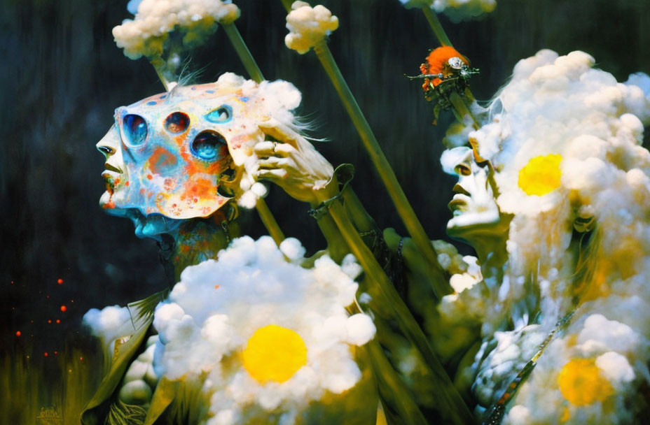 Surreal painting: Human faces blend with flowers, butterfly on stem.