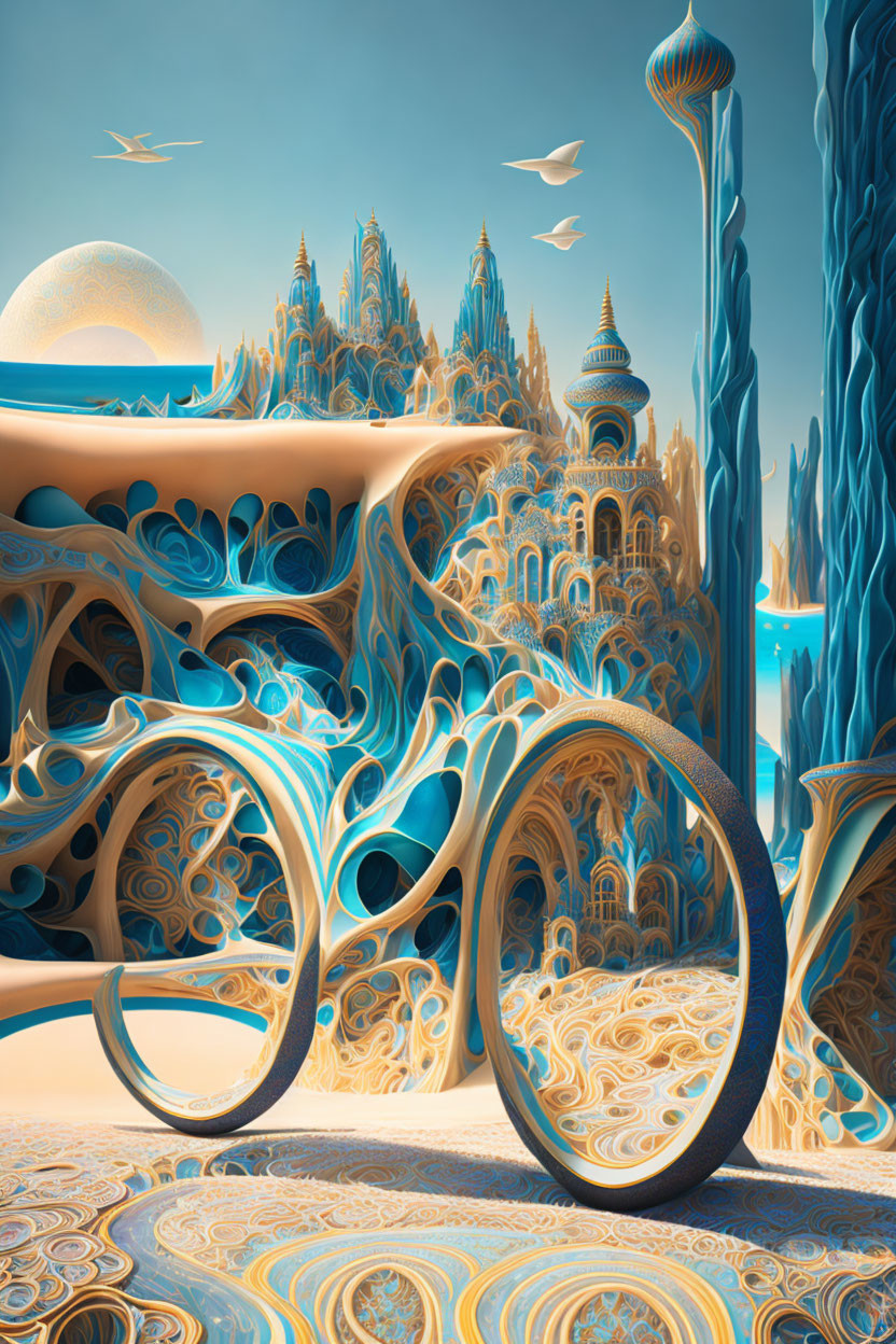 Futuristic surreal landscape with alien architecture and swirling patterns