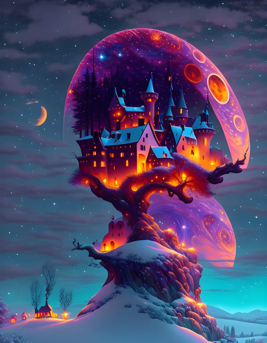 Enchanted castle on giant tree under cosmic sky