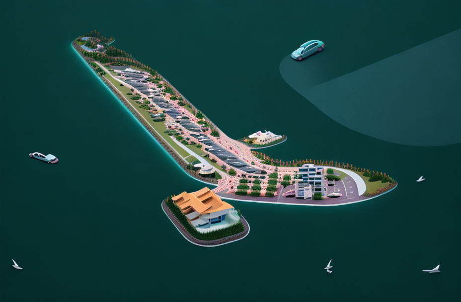 Artificial Island with Roads, Marina, and Boats