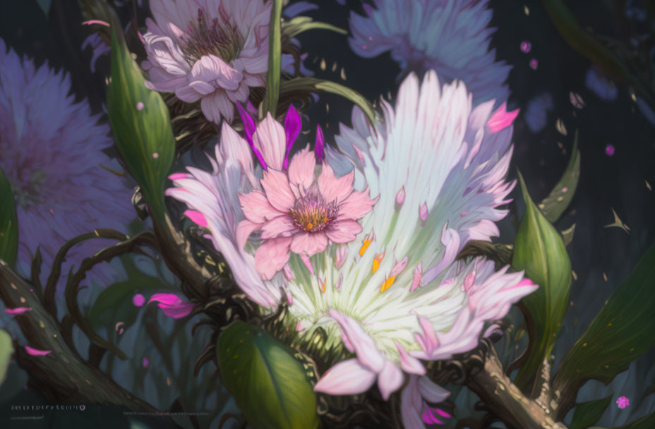 Detailed Pink and White Flower in Lush Foliage Digital Painting