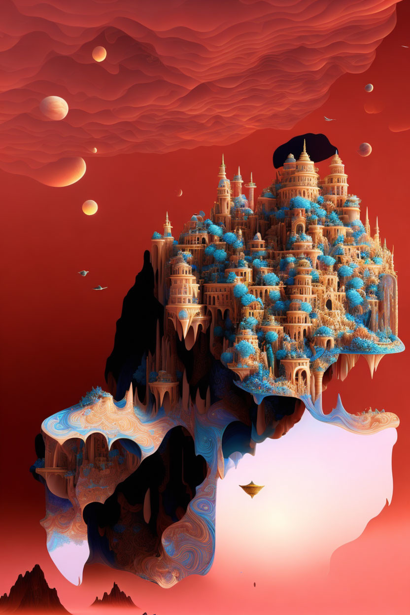 Fantastical floating island with blue foliage and intricate architecture under red sky