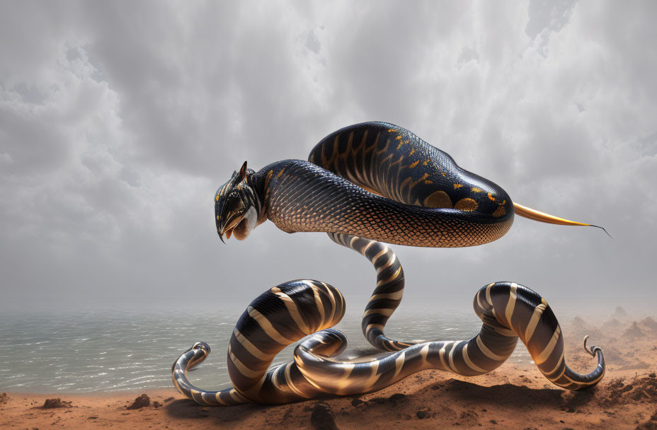 Fantastical black and gold scaled snake over sandy terrain