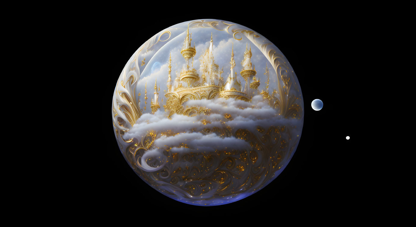 Ornate golden palace in fantastical orb against black background