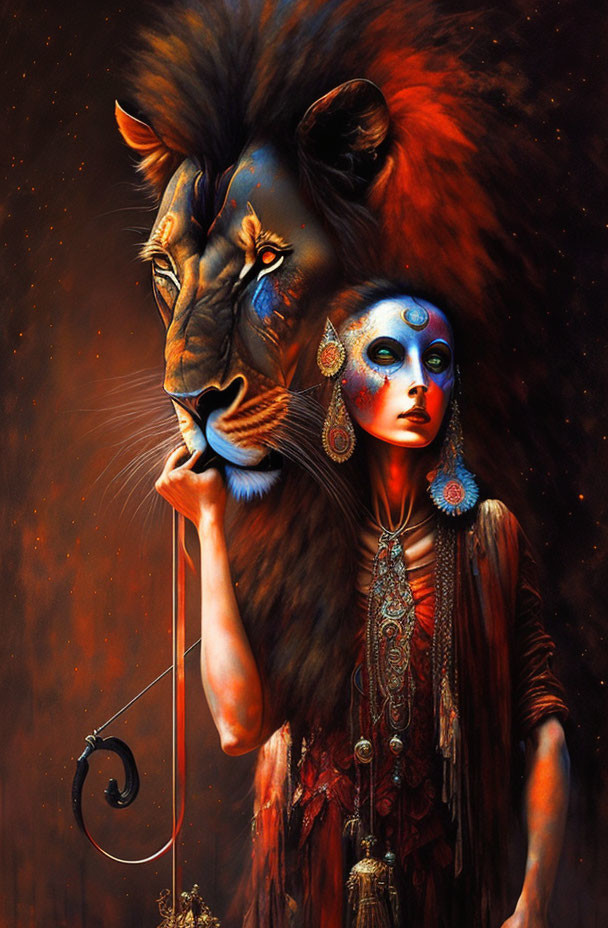 Woman with lion features and intricate face paint in regal attire and commanding presence