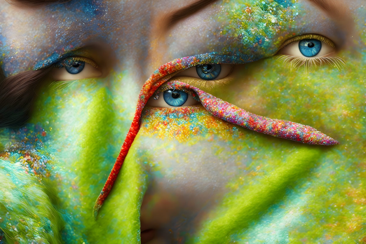 Person with galaxy-themed face paint and glittery eye makeup close-up.