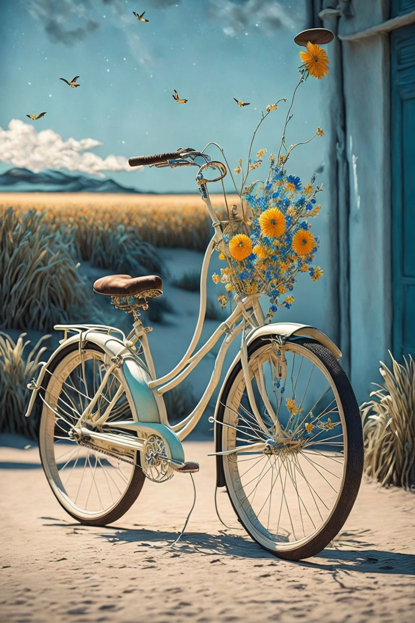 Vintage Bicycle with Yellow Flowers by Blue Door in Wheat Field Landscape