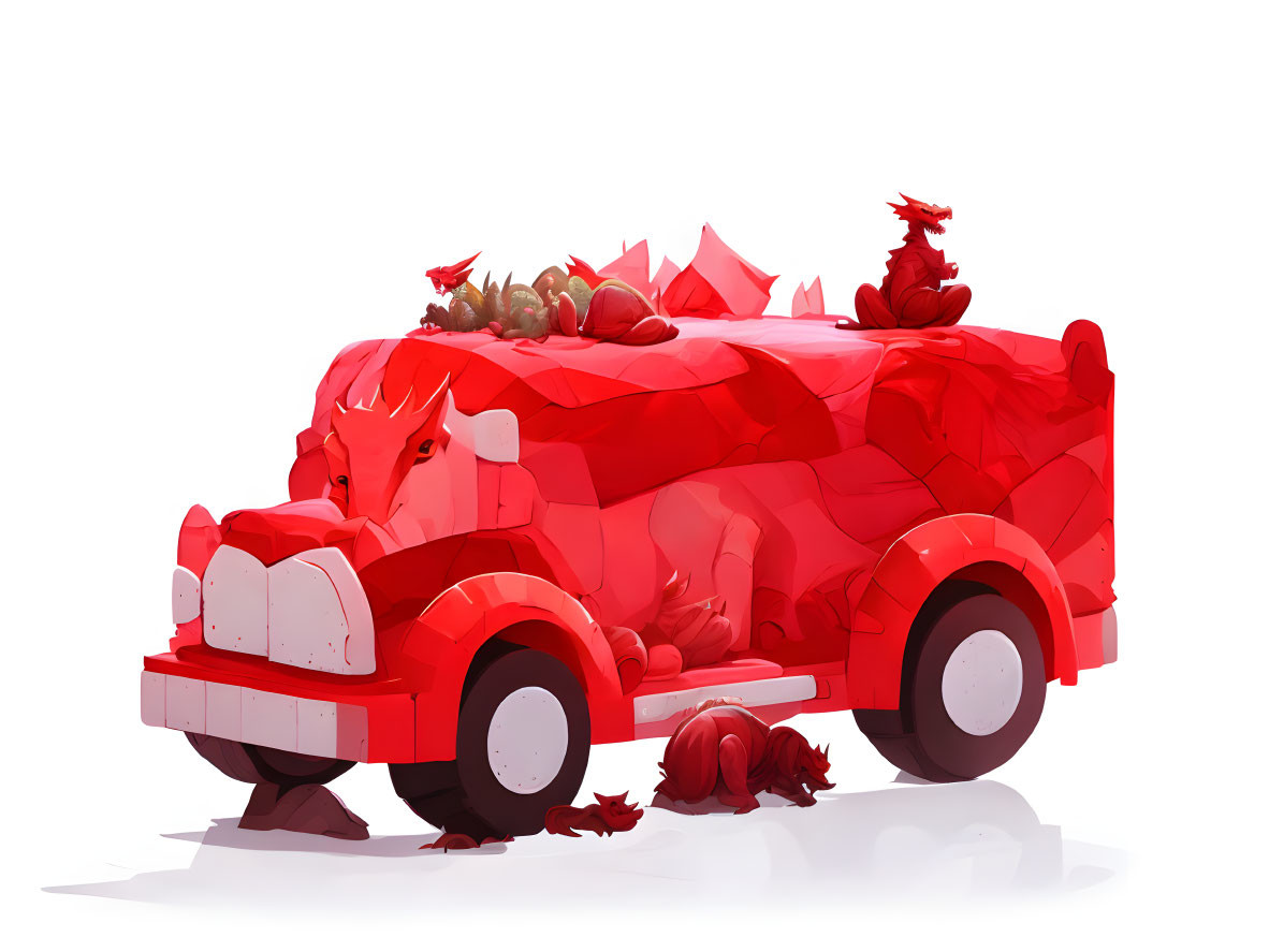 Whimsical red pig-shaped vehicle with pig detailing.