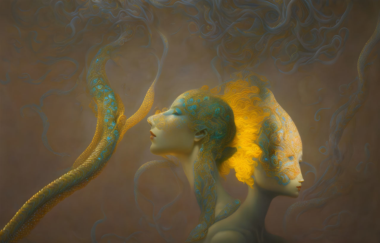 Golden-skinned humanoid figures with swirling tendrils in surreal artwork