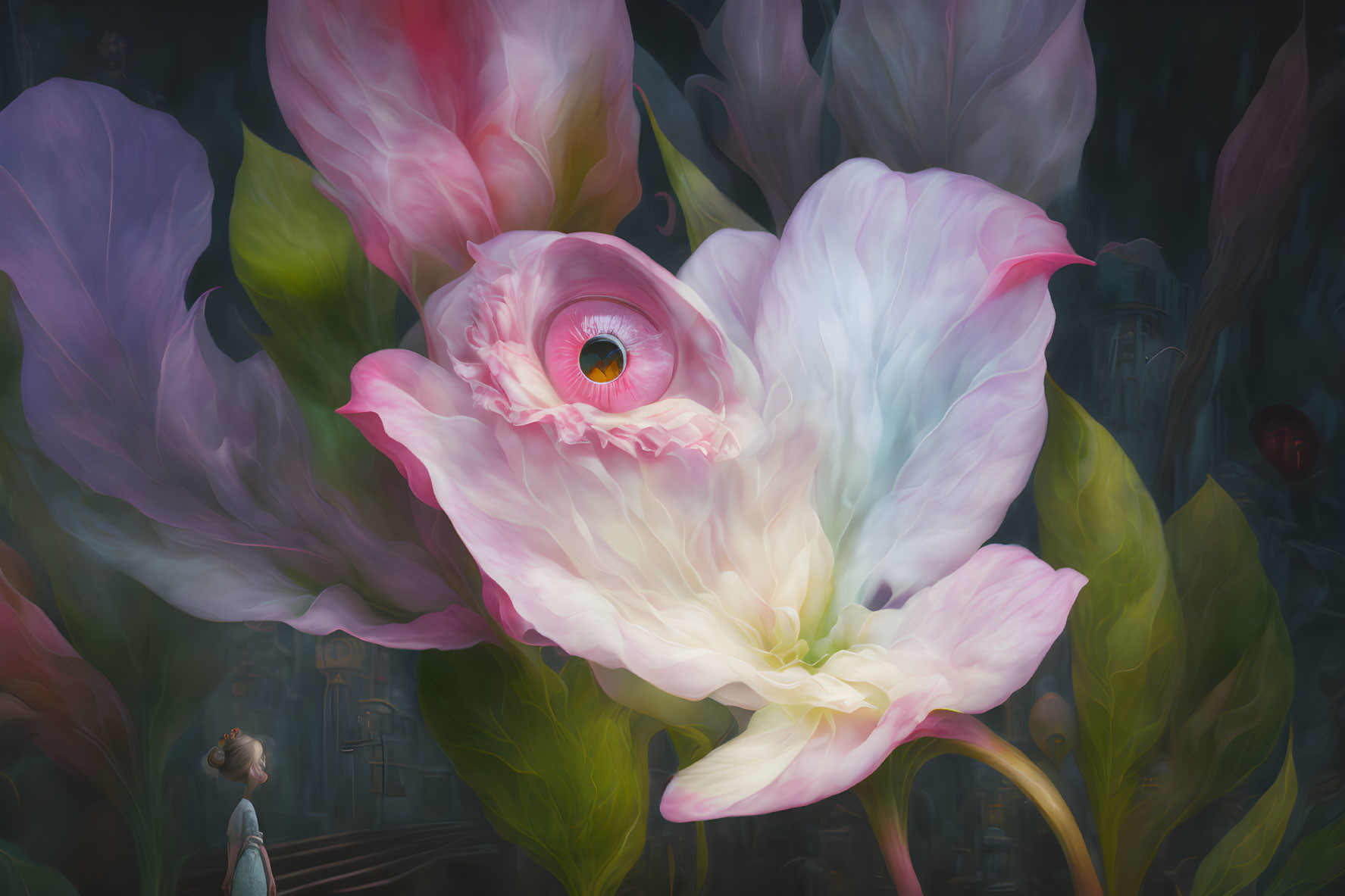 Surreal painting: giant flower with human eye, small figure, dark background