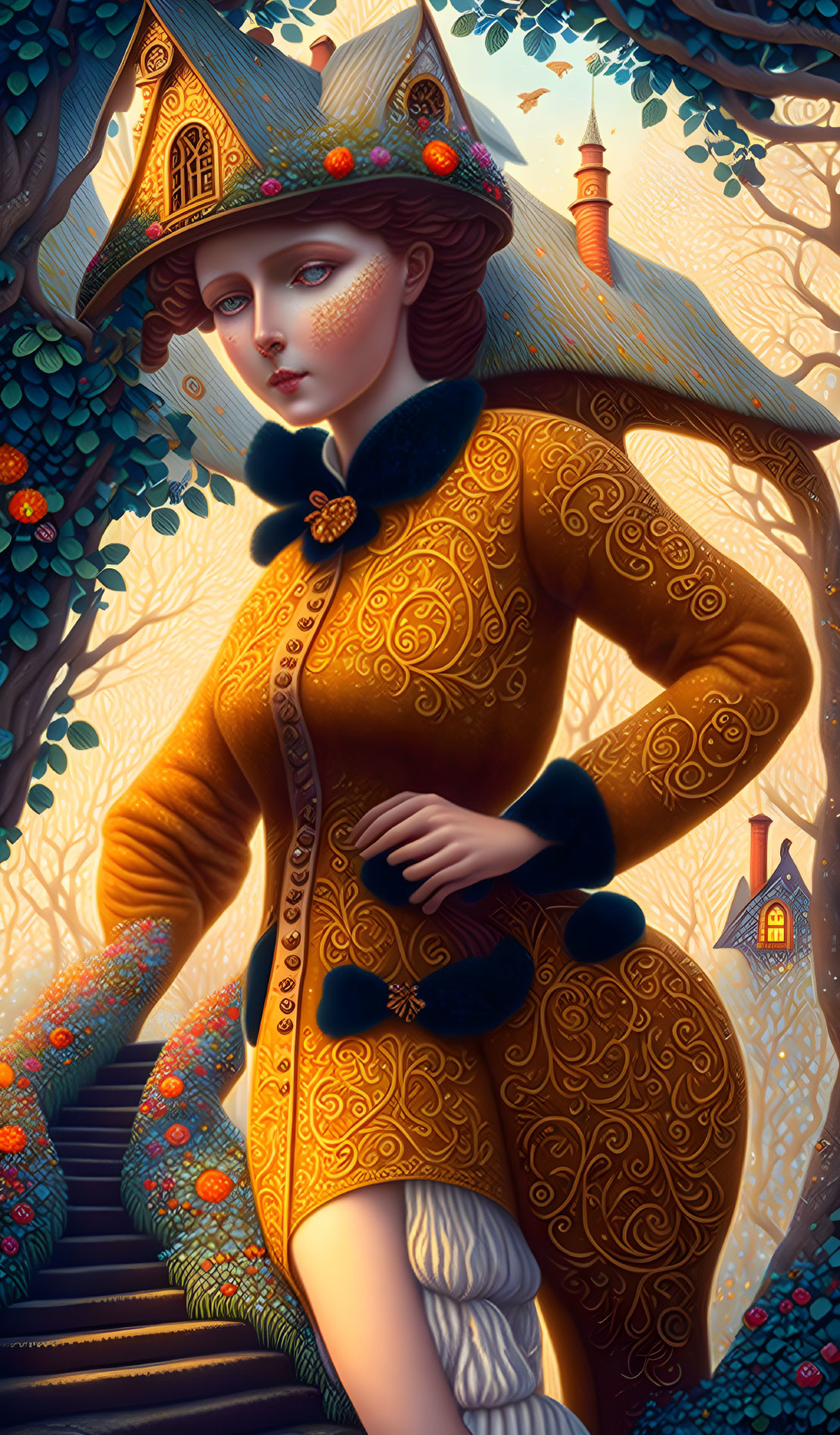 Stylized illustration of woman in ornate golden outfit and wide-brimmed hat among whimsical