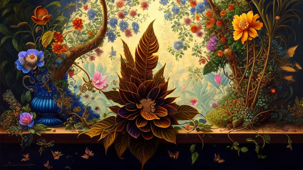 Symmetrical floral painting with vibrant colors and central brown flower