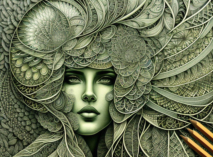 Detailed Green-Toned Woman Illustration with Leafy Background