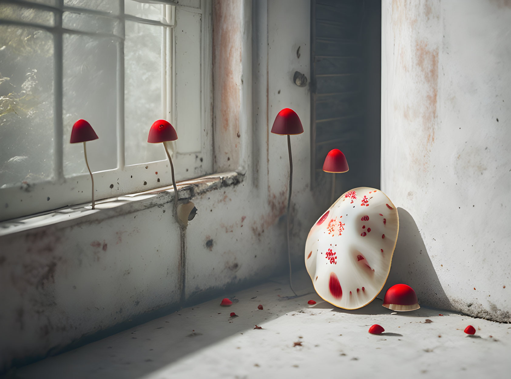 Sunlit windowsill with red and speckled mushroom lamps