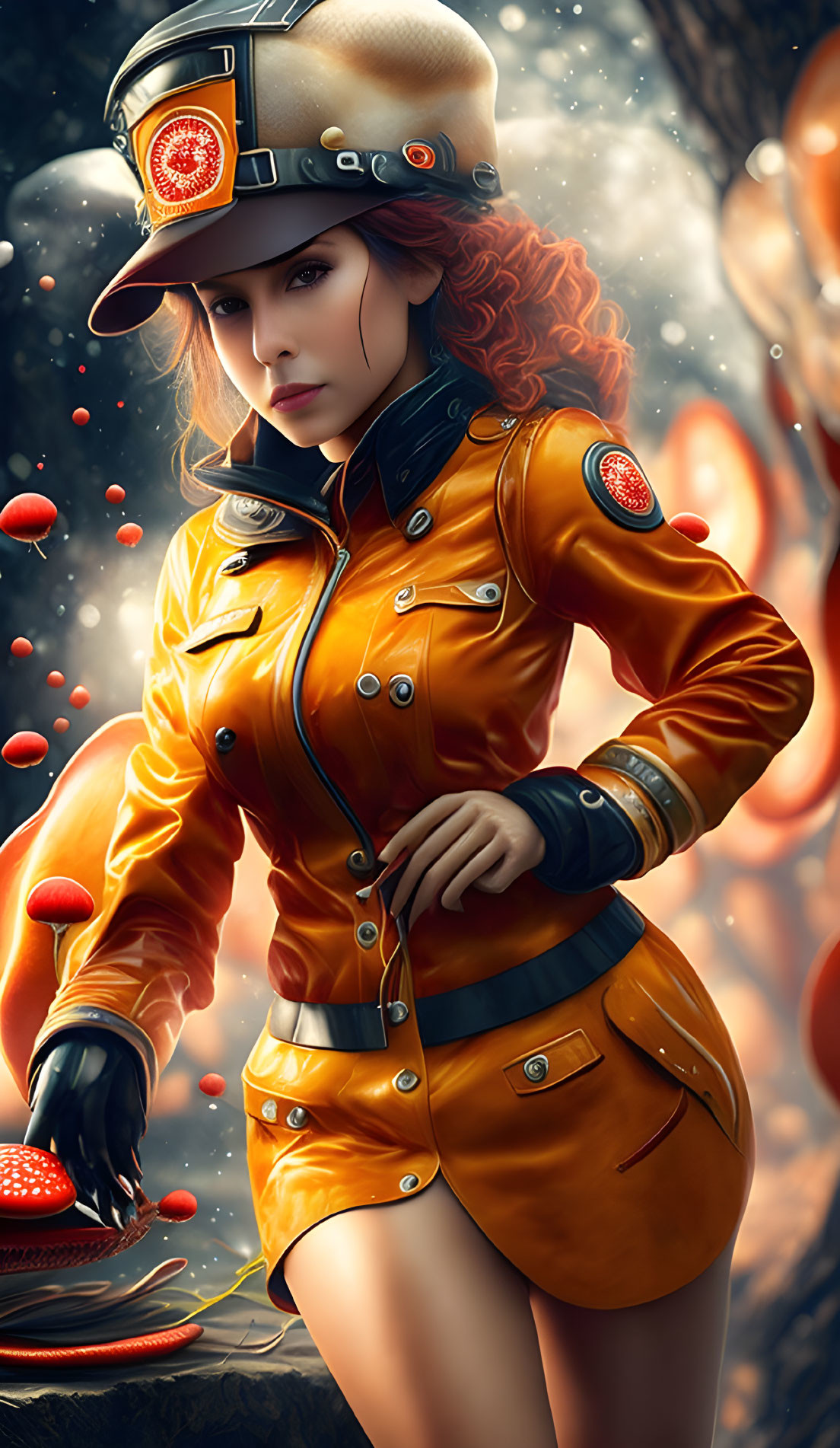 Stylized digital artwork of woman in orange uniform with cap and glowing red orbs.