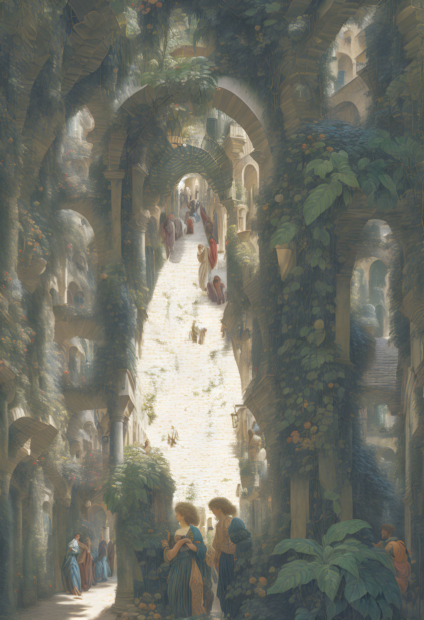 Sunlit stone architecture with overgrown greenery and people in classical attire wandering a columned pathway