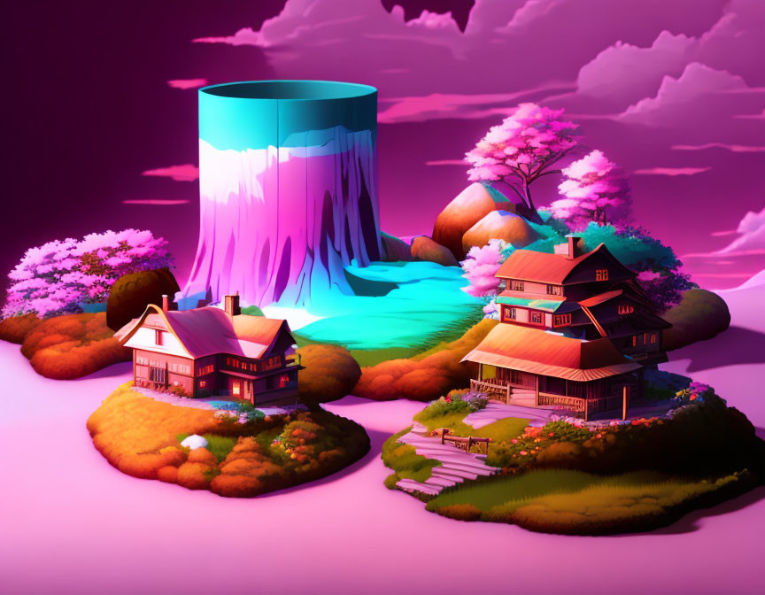 Colorful Whimsical Landscape with Houses, Waterfall, Trees, and Sky