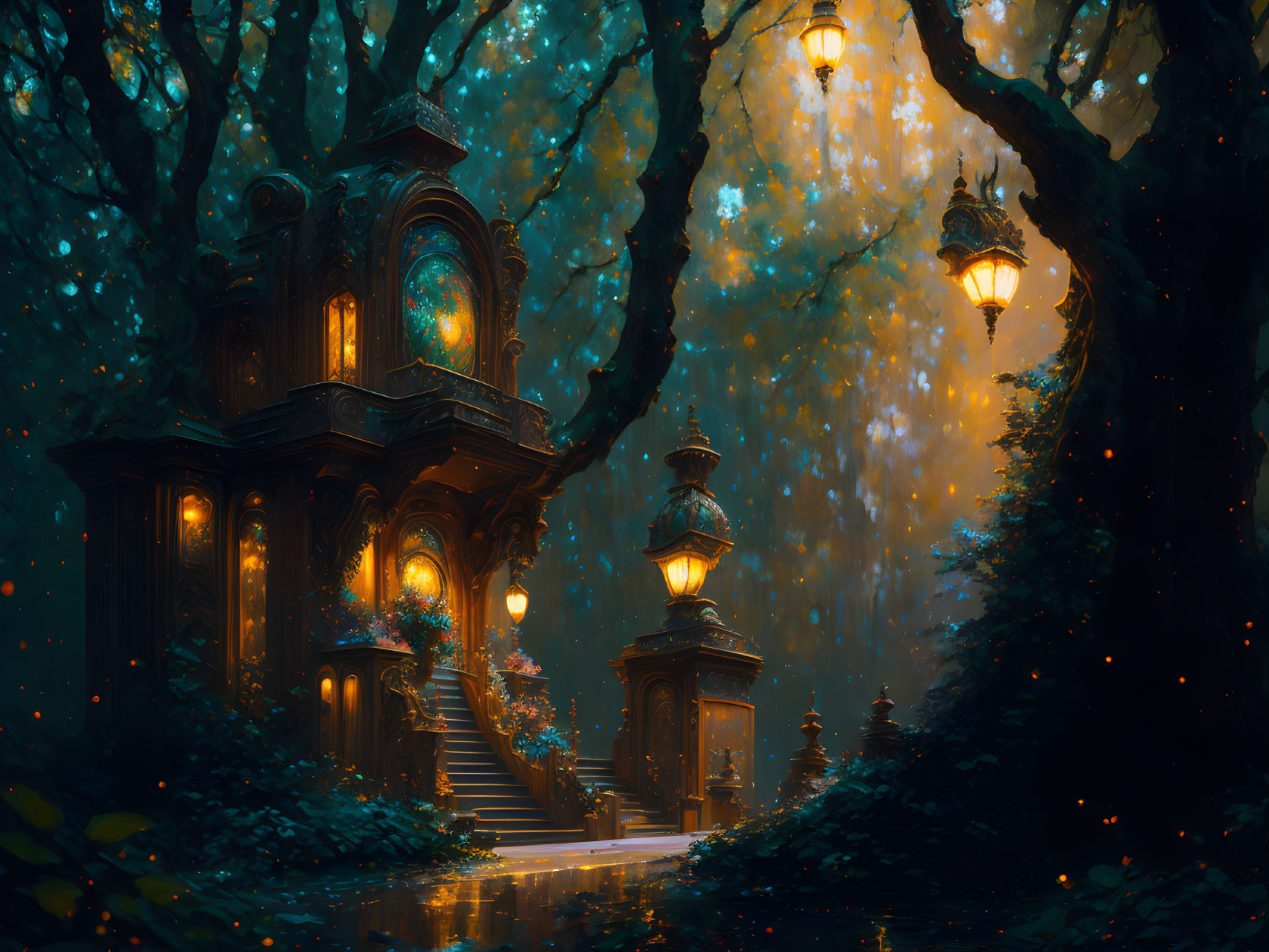 Mystical forest scene: glowing lanterns, grand house, magical ambiance