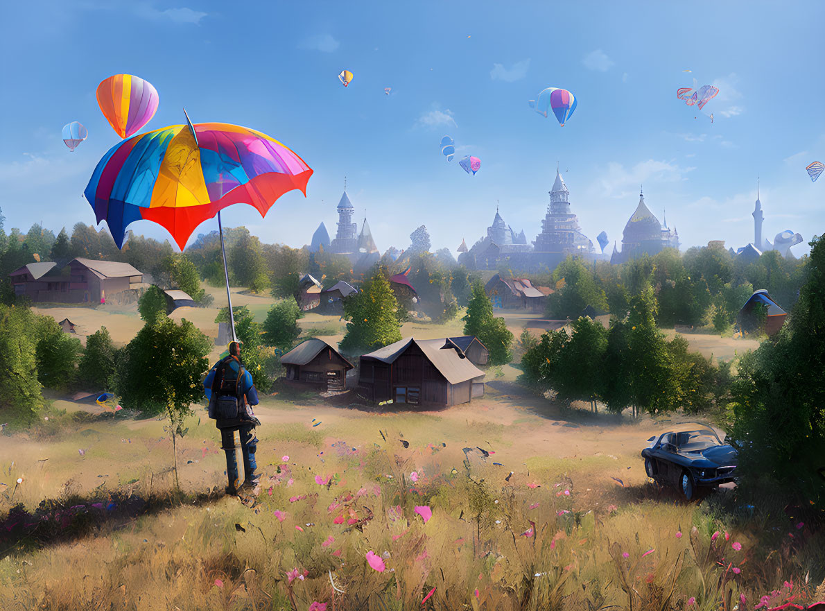 Colorful umbrella holder walks through field with butterflies towards village with hot air balloons.