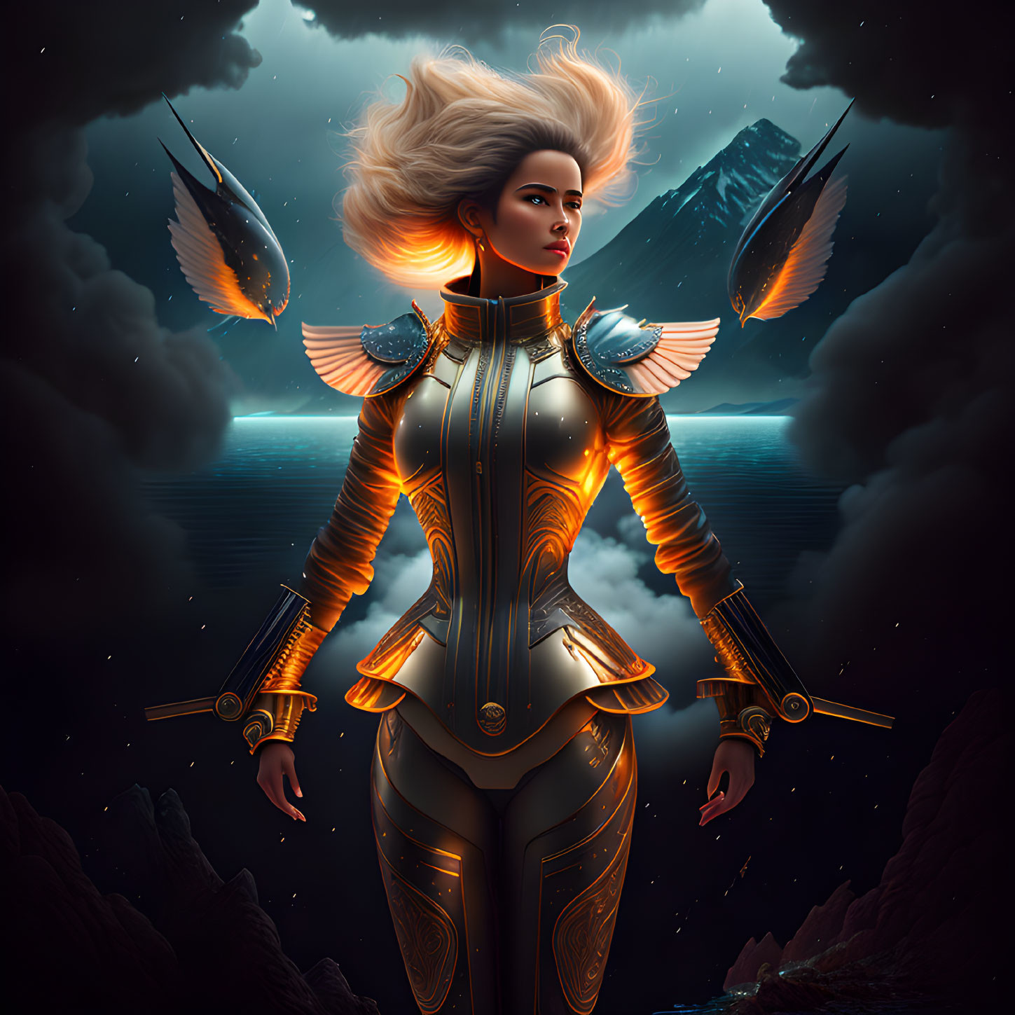 Majestic female figure in golden armor against dark landscape