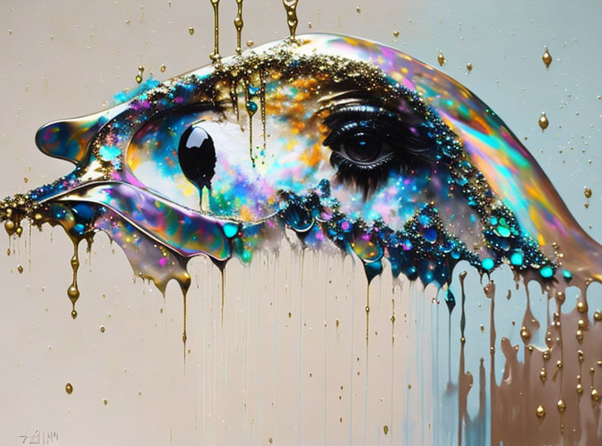 Vibrant eye art with dripping paint and gold highlights