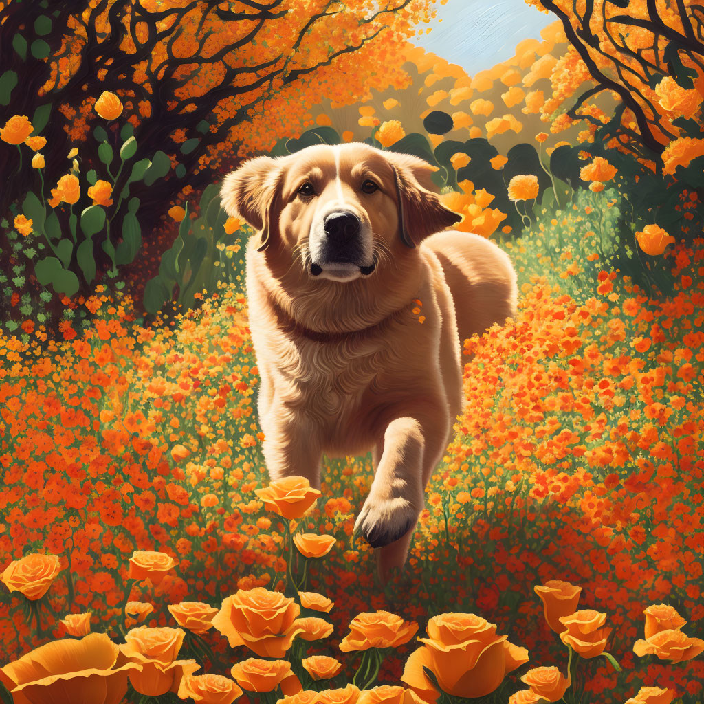 Joyful dog playing in vibrant orange flower field under blossoming trees