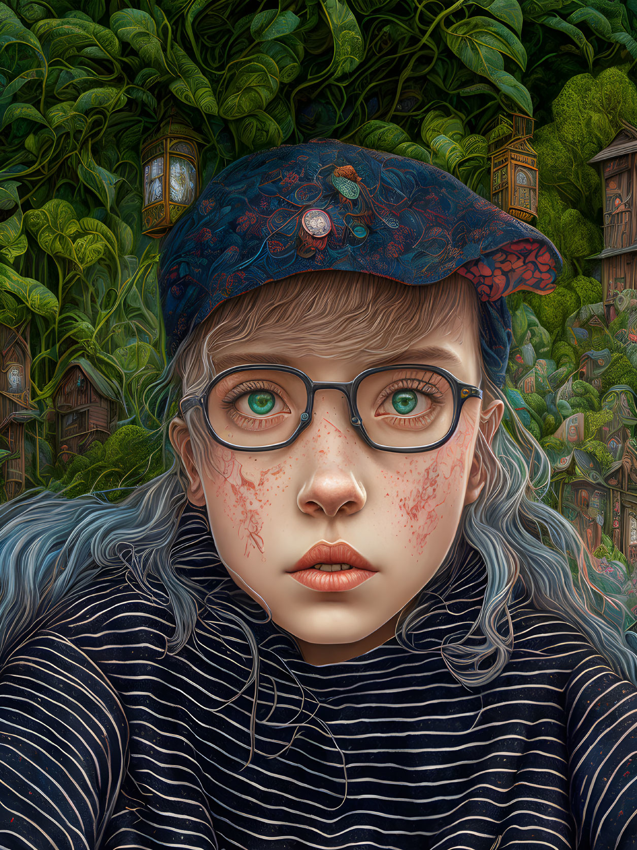 Pale girl with glasses, freckles, blue wavy hair, and blue cap in lush foliage