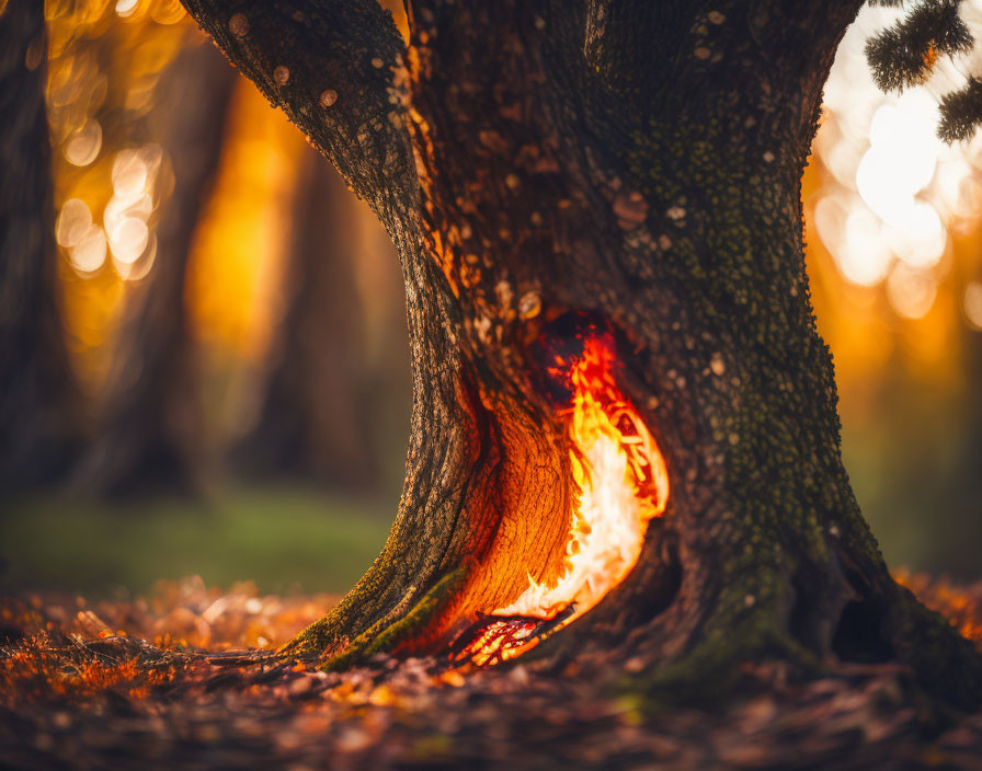 Autumn forest sunset light illuminates hollow tree trunk