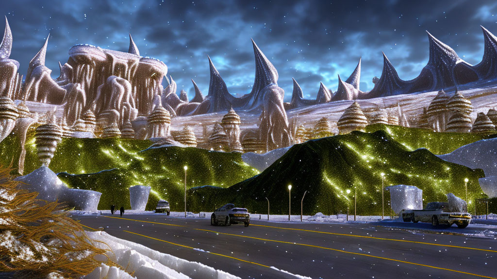 Fantasy night landscape with glowing green hills, towering structures, starry sky, and road.