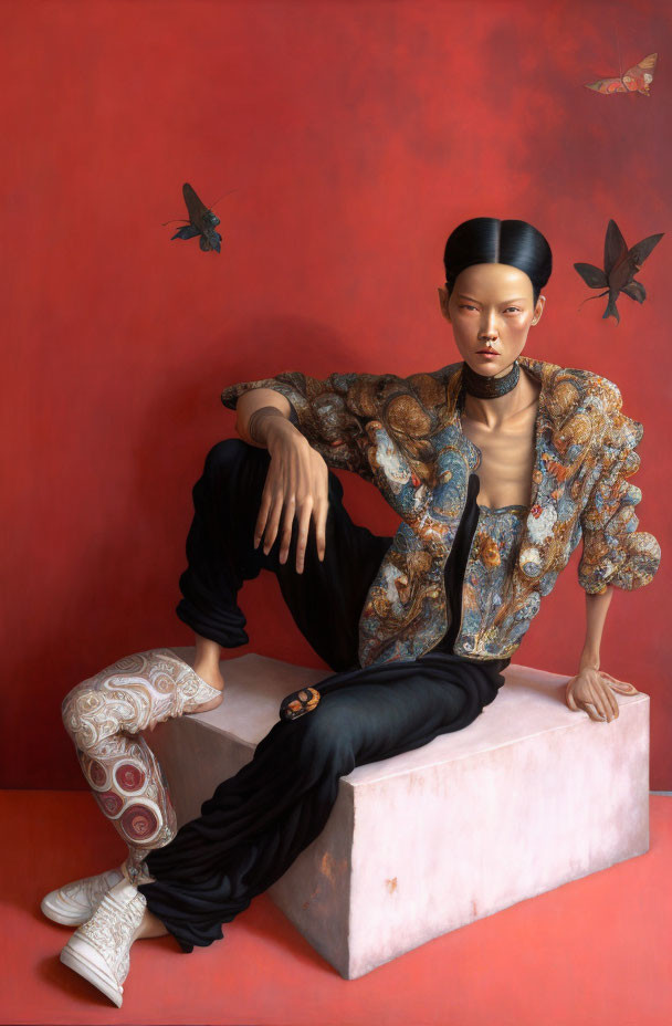 Sleek bun person in ornate jacket and patterned trousers on pink block with butterflies